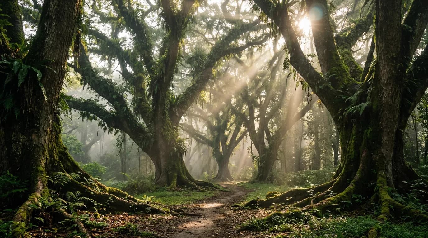 Large old trees and shaded paths in Djawatan Pine Forest Banyuwangi