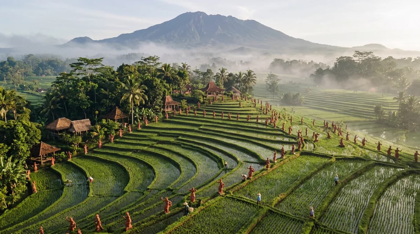 Terracotta Gandrung dancer statues in Banyuwangi highland landscape