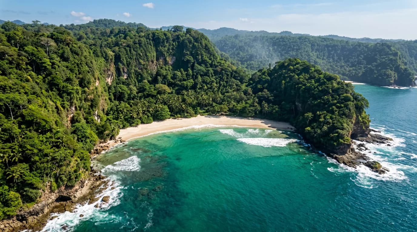 Turquoise water and forested cliffs at Green Bay Banyuwangi