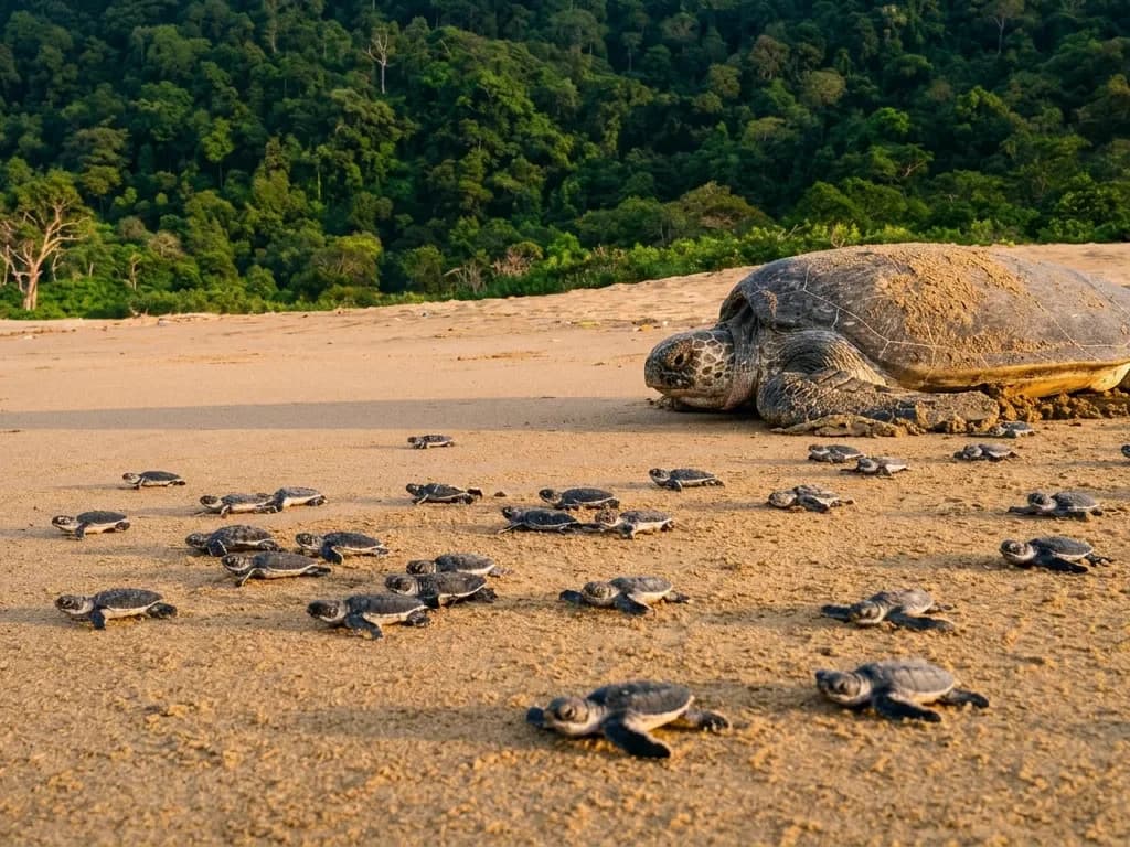 Green sea turtle and hatchling at Sukamade