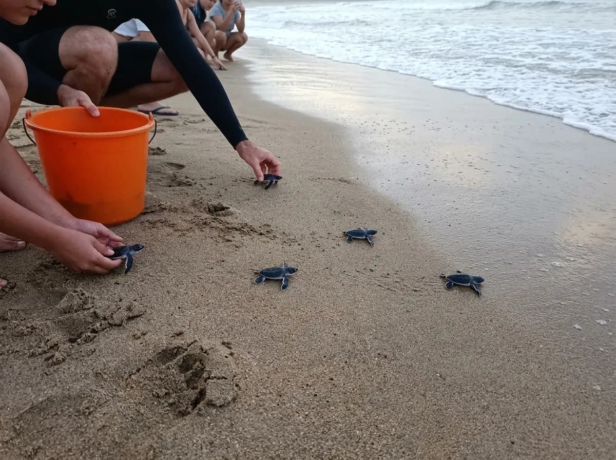 Guests releasing sea turtle hatchlings at Sukamade