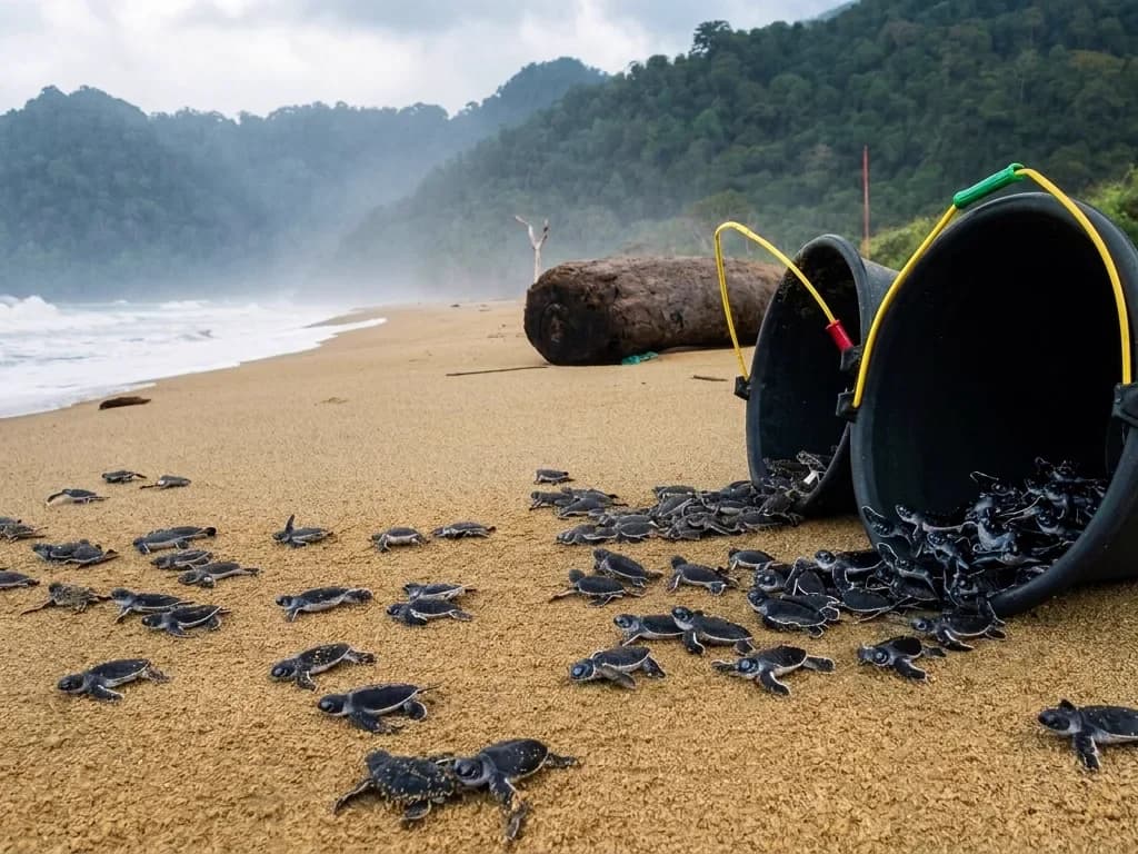 Buckets for sea turtle hatchling release at Sukamade