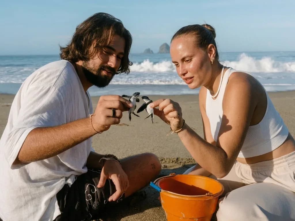 Travelers releasing baby turtles at Sukamade beach